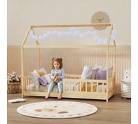 Homcom House-Shaped Kids Bed Frame Solid Pine Wood With Guard Rails, Natural
