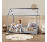 HOMCOM House-Shaped Kids Bed Frame with Guard Rails for Boys Girls, Grey