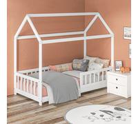 HOMCOM House-Shaped Kids Bed Frame, Solid Pine Wood Single Bed Frame with Safety Fence for Kids Boys and Girls, White, White