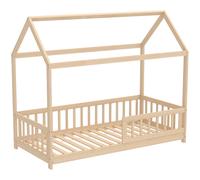 HOMCOM House-Shaped Kids Bed Frame with Guard Rails, Solid Pine Wood Single Bed Frame for Kids Boys and Girls, Natural