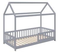 HOMCOM House-Shaped Kids Bed Frame with Guard Rails, Solid Pine Wood Single Bed Frame for Kids Boys and Girls, Grey