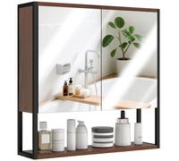 Homcom Industrial Bathroom Cabinet With 2 Mirrored Doors Open Shelf, Natural Natural W600mm x H600mm