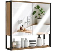 Homcom Industrial Bathroom Cabinet With 2 Mirrored Doors Open Shelf, Natural