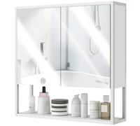 HOMCOM Industrial Bathroom Cabinet with 2 Mirrored Doors Open Shelf, White, White