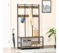 HOMCOM Entryway Coat Rack Hall Tree Shoe Bench 3 In 1 Design Metal Storage Rack Rustic Brown & Black, Brown