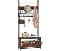 HOMCOM Industrial Hall Tree Coat Rack Stand with Shoe Cabinet Grey