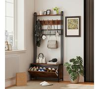 HOMCOM Industrial Hall Tree Coat Rack Stand with Shoe Cabinet Grey - Rustic Brown - 1 - Steel, Particle Board