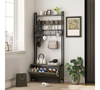 HOMCOM Industrial Hall Tree Coat Rack Stand with Shoe Cabinet - Grey | TJ Hughes