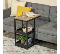 HOMCOM Industrial Mobile Sofa Side Table C-Shaped Rolling Couch Table with 3-Tier Storage Shelving Four Lockable Wheels Steel Frame - Brown Brown