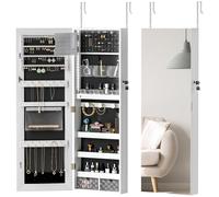 HOMCOM Jewellery Cabinet with LED Lights, Door Hanging or Wall Mounted Full Length Mirror with Storage, Lockable Jewellery Organiser, White Surface and Black Lining White Surface and Black Lining