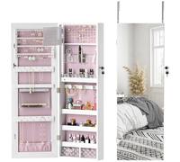 HOMCOM Jewellery Cabinet with Mirror and LED Lights, White and Pink Lining
