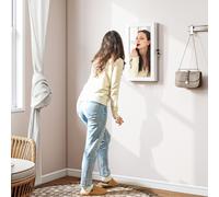 HOMCOM Wall-Mounted Jewelry Cabinet with Mirror, Over Door or Wall, White | Lock, Multiple Compartments, for Earrings Necklaces Rings Bracelets, Cream Velvet Lining