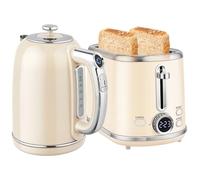 HOMCOM Kettle and Toaster Set with LED Screen, 1.7L 3000W Retro Rapid Boil Jug Kettle with Keep Warm Memory Function, 2 Slice Toaster with 6 Browning Controls, Crumb Tray, Cream