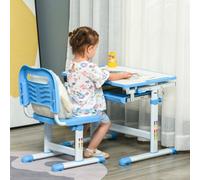 HOMCOM Kids Desk & Chair Set, Height Adjustable Student Writing Desk, Children School Study Table with Tiltable Desktop, Drawer, Pen Slot, Hook - Blue