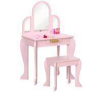 HOMCOM Kids Dressing Table and Stool Kids Vanity Set Makeup Desk w/ Mirror, Drawer, for Ages 3-6 Years - Pink Pink