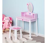 HOMCOM 2 Piece Kids Wooden Dressing Table and Stool Make Up Desk Pink, Pink