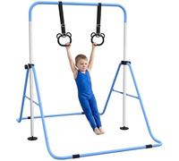HOMCOM Kids Gymnastics Bar, Horizontal Training Kip Bar for Kids, Adjustable Height Folding Gymnastics Equipment with Hand Grips, Non-slip Rubber Pads, for Home, Flat, Blue