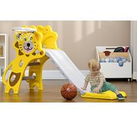 HomCom Kids Indoor Lion-Themed Slide with Basketball Hoop