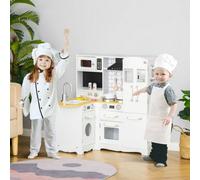 HOMCOM Toy Kitchen Wooden Kids Kitchen Realistic Refrigerator Sink White | Microwave, Oven, Range Hood, Telephone, Sounds, Storage Space, for 3-6 Years Old