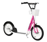 HOMCOM Kids Scooter, Kick Stunt Scooter with Adjustable Handlebar, Dual Brakes, Basket, Cupholder, Mudguard, 16" Inflatable Rubber Wheels, for 5-12 years, Pink