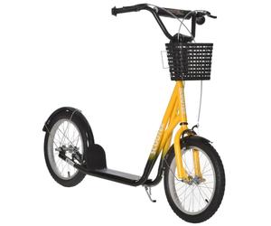 HOMCOM Kids Scooter, Kick Stunt Scooter with Adjustable Handlebar, Dual Brakes, Basket, Cupholder, Mudguard, 16" Inflatable Rubber Wheels, for 5-12 years
