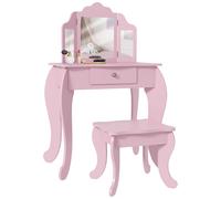 HOMCOM Kids Vanity Table and Chair Set with Tri-Folding Mirror and Stool, Makeup Dressing Table with Drawer, Pink