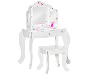 HOMCOM Kids Vanity Table and Stool Girls Dressing Set w/ Rotatable Mirror Drawer