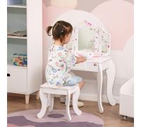 HOMCOM Kids Vanity Table & Stool Girls Dressing Set Make Up Desk Chair Dresser Play Set with Rotatable Mirrors Drawer Star & Heart Pattern White White