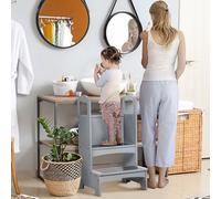 HOMCOM Kids Wooden 2-Step Stool Mini Ladder Assistance Unit Non-Slip Panels Grey