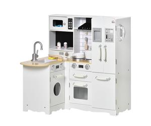 HOMCOM Kids Wooden Kitchen, Large Pretend Role Play Kitchen w/ Realistic Refrigerator, Microwave, Oven, Range Hood, Sink, Telephone Aosom UK