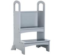 HOMCOM Kids Wooden Step Stool Kitchen Helper Non-Slip Panels Handles Grey