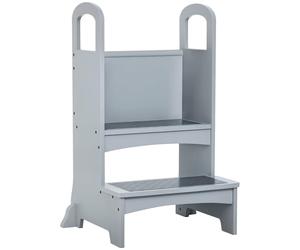 HOMCOM Kids Wooden Step Stool Kitchen Helper w/Non-Slip Panels Handles Child Toddler Home Help 3-8 Yrs Grey