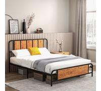 Homcom Bed Frame Steel Bed Base With Headboard Rustic Brown Brown