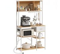 HOMCOM Kitchen Bakers Rack with Power Outlet, Oak and White | Kitchen Storage Rack with USB and Type-C Ports, Drawer, Shelves and 4 Hooks for Tableware and Cookware