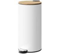 HOMCOM 30 Litre Pedal Kitchen Bin with Soft Close Lid White and Natural | Stay Open Lid, Rubbish Bin, Removable Inner Bucket, Kitchen, Office, Home