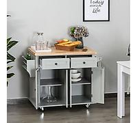 Homcom Rolling Kitchen Island Cart With Rubber Wood Top, Spices Grey