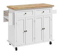 HOMCOM Kitchen Island on Wheels, Rolling Kitchen Storage Trolley with Rubber Wood Top, Drawers, Adjustable Shelves, Towel and Spice Rack for Dining Room, White