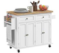 HOMCOM Rolling Kitchen Island Cart with Rubber Wood Top - White | TJ Hughes