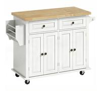 HOMCOM Kitchen Island on Wheels, Rolling Kitchen Storage Trolley with Rubber Wood Top, Drawers, Adjustable Shelves, Cream White
