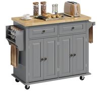 HOMCOM Kitchen Island on Wheels, Rolling Kitchen Storage Trolley with Rubber Wood Top, Drawers, Adjustable Shelves, Towel and Spice Rack for Dining R
