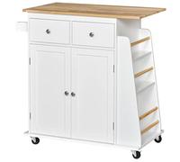 HOMCOM Kitchen Island on Wheels with Rubber Wood Top and 2-Door Cabinets