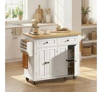 Homcom Kitchen Island On Wheels With Rubber Wood Top, Drawers, Cream White