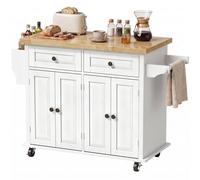 Homcom Kitchen Island On Wheels With Rubber Wood Top, Drawers, Cream White Cream