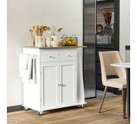 HOMCOM Kitchen Island on Wheels, Mobile Storage Trolley, Rolling Kitchen Cart with Rubber Wood Top, 2-Door Cabinets, 2 Drawers, Adjustable Shelf, 3-Tier Spice Rack, Drawers