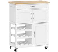 HOMCOM Rolling Kitchen Island Trolley Storage Cart with Rubberwood Top Wine Rack, White