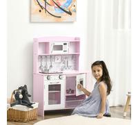 HOMCOM Children Wooden Play Kitchen w/Lights Sounds, Kids Kitchen Playset w/Water dispenser, Microwave, Utensils, Sink, Storage, for Ages 3-6 Years - Pink