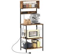 HOMCOM Kitchen Storage Rack, Bakers Rack with Power Outlet, USB Charger, Industrial Microwave Stand with Countertop, 4 Shelves, 5 Hooks, Steel Frame, 60 x 42 x 153 cm, Rustic Brown
