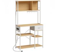 HOMCOM Kitchen Storage Rack with Power Outlet, USB and Type-C Ports, Drawer, Shelves and 4 Hooks, Oak and White