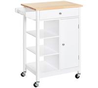 HOMCOM Kitchen Storage Trolley Unit Wood Top Shelves Cupboard Drawer Rail White