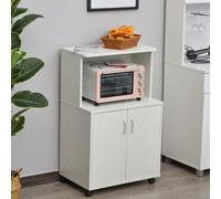 HOMCOM Kitchen Storage Unit Microwave Cart Trolley With Wheels Cable Hole White, White